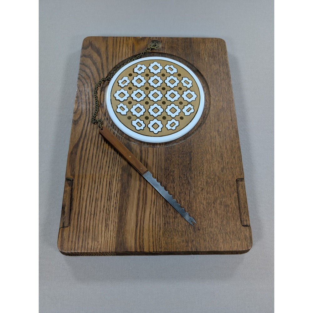 Vintage Wood Cheese Board Ceramic Tile Insert Serrated Knife 14x10